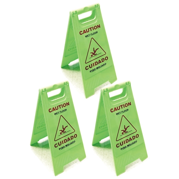 Set of 3 - CAUTION Wet Floor Folding Floor Signs - Bright Green Large Floor Sign - 24" x 11.5"