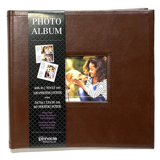 Pinnacle Photo Album Book with Picture Window and Memo Writing Space - Faux Brown Leather Hardcover (9.5" x 8.75", 60 Pages) Holds 4 x 6 Pictures and 5 x 7 Pictures