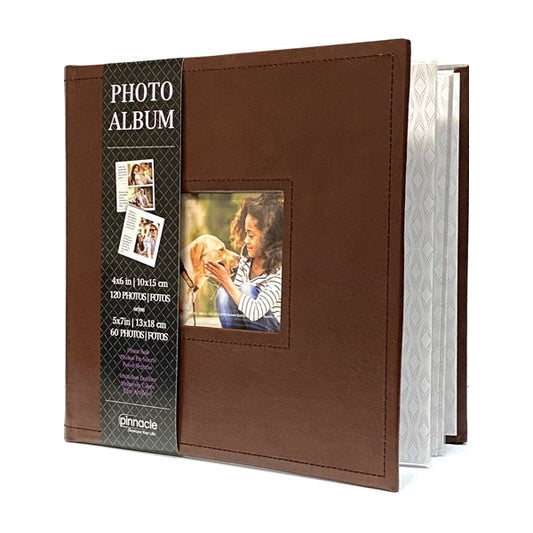 Pinnacle Photo Album Book with Picture Window and Memo Writing Space - Faux Brown Leather Hardcover (9.5" x 8.75", 60 Pages) Holds 4 x 6 Pictures and 5 x 7 Pictures