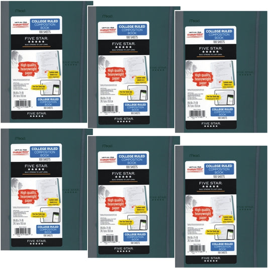 Pack of 6 - Mead College Ruled Plastic Cover Composition Notebook with Elastic Band Closure (100 Sheets) Colors Vary