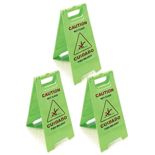 Set of 3 - CAUTION Wet Floor Folding Floor Signs - Bright Green Large Floor Sign - 24" x 11.5"