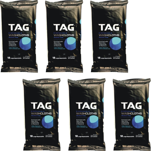 Bundle of 6 Packs - TAG Disposable Alcohol-Free Washcloth Wipes Pack (18 Pre-moistened Large Wipes) Enriched with Aloe, Chamomile & Vitamin E