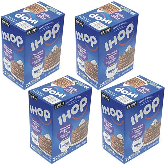 Clearance - Case of 4 Boxes - IHOP Chocolate Chocolate Chip Pancake Premium Ground Coffee K-Cup Pods (22 Count)  Best by Date 07/2024