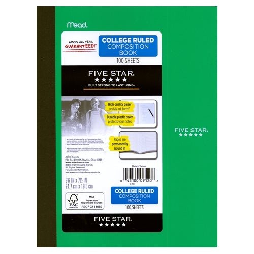 Mead College Ruled Plastic Cover Composition Notebook (100 Sheets) Colors Vary - DollarFanatic.com