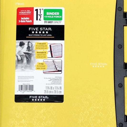 Mead Five Star 3-Ring Plastic Notebook Binder with Built-In 3-Hole Punch - Select Color (1.5") 375 Sheet Capacity - DollarFanatic.com